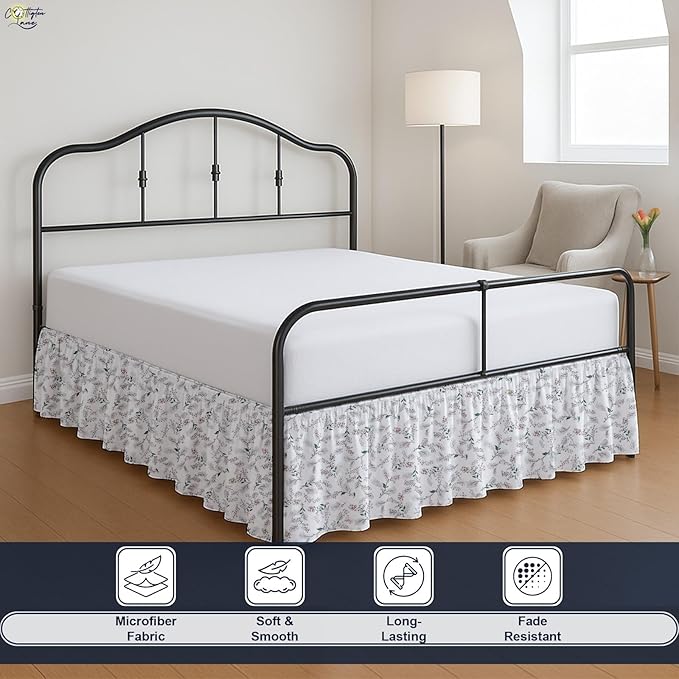 Cottington Lane Ruffled Bed Skirt King Size with Split Corner, Brushed Microfiber Hotel Quality Dust Ruffle, 21 Inch Drop Gathered Bedskirt, Soft, Stylish, Shrink & Fade Resistant, Coco Rose Leaf
