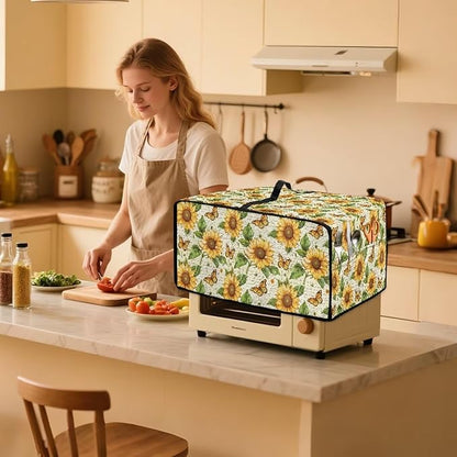 Countertop Convection Oven Cover Dust-Proof Toaster Oven Cover with Accessories Pockets, Countertop Convection Oven Protector, M, Sunflower Butterfly Retro Letter Print
