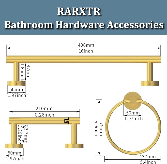3pc Bathroom Hardware Set with Brushed Brass Toilet Paper Holder & Towel Ring & - Image 5