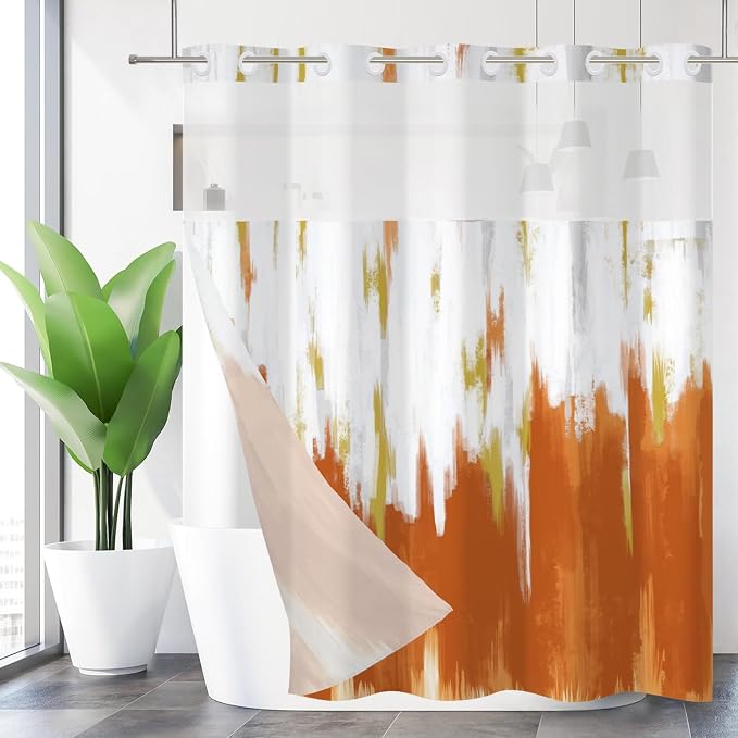 No Hook Shower Curtain with Snap in Liner, Hotel Style Burnt Orange White Gold by Caheansi