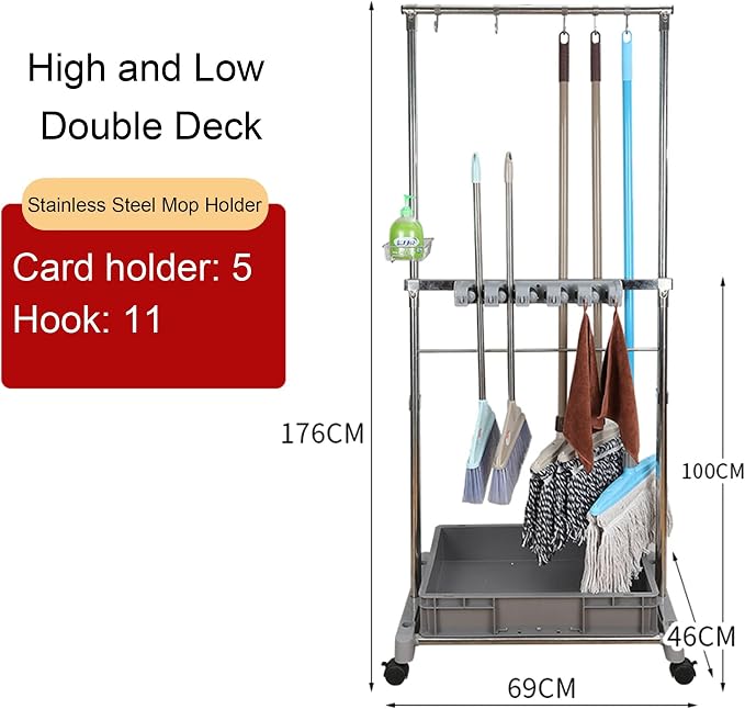 Movable Commercial Mop Rack, Floor Standing Cleaning Tool Cart Storage - Image 2