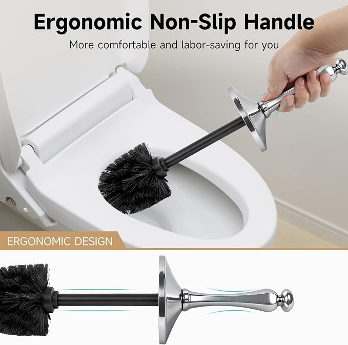 Silver Toilet Brush and Holder，Extra Long Handled Toilet Brush - Image 3