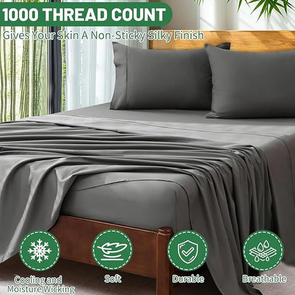 Extra Deep Pocket King Sheets 18-24 Inch 100% Egyptian Cotton 1000 Thread Count Sateen Weave Soft Breathable 4 Pieces（King，Dark Grey）