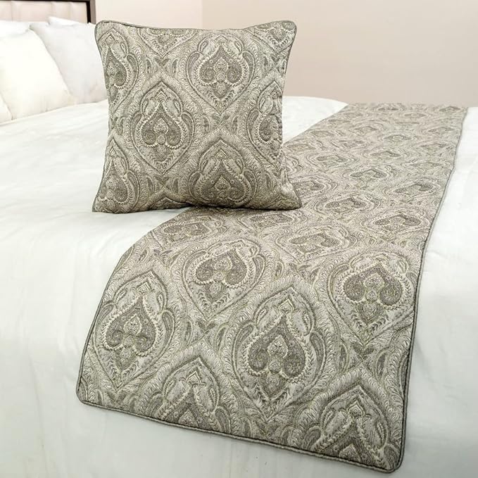 The HomeCentric King/Queen/Twin Grey Designer CA King 86"x18" Bed Runner Without Pillow Cover, Quilted, Damask& Gold Zari Embroidery Bed Scarf on Silk Fabric - Winifred