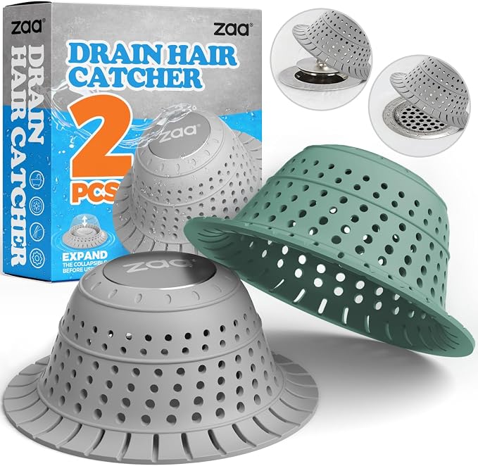zaa Bathtub Drain Hair Catcher, Premium Silicone Collapsible 2 Pack Drain by zaa
