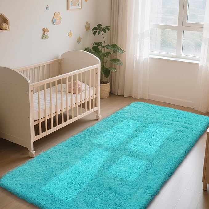 Teal Blue Rug Fluffy Rugs, 3x7 Teal Area Rugs for Bedroom, Soft Cute Baby Play Mat, Indoor Floor Carpet for Teen, Nursery, Preppy Dorm, Plush Aesthetic Bedside Rug