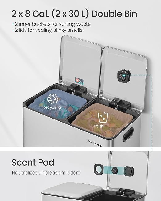 SONGMICS Trash Can, 2 x 8 Gallon Double Garbage Can - Image 3