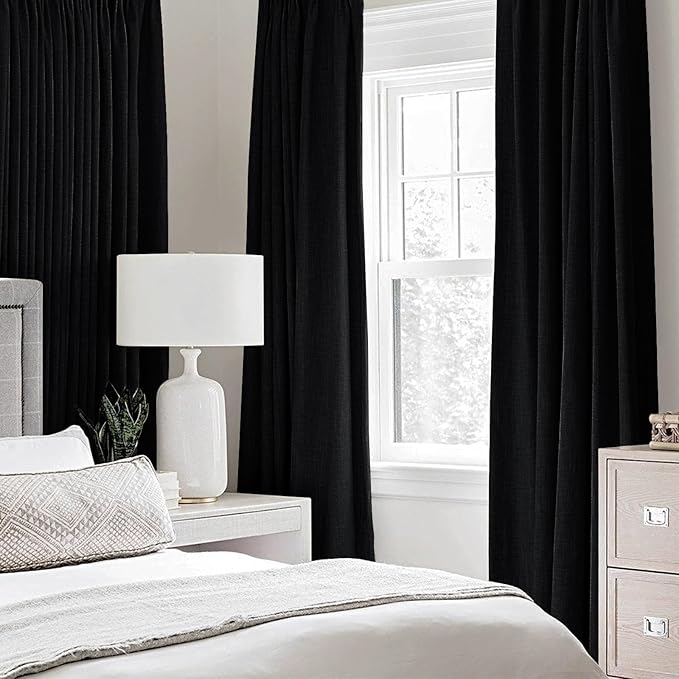 MIULEE Linen Texture Curtains for Bedroom Solid 100% Blackout Thermal Insulated Halloween Black Curtains Grommet Room Darkening Drapes for Living Room Nursery 52x54 Inch (2 Panels)