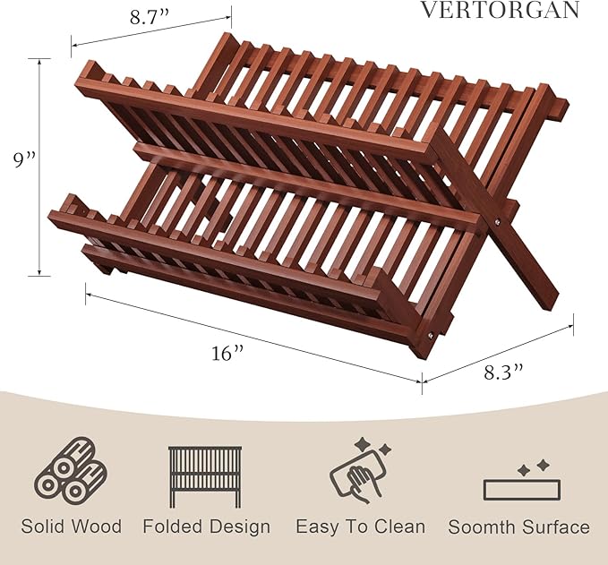 Teak Dish Drying Rack, Folding Collapsible Drainer Plate Organizer Holder - Image 2