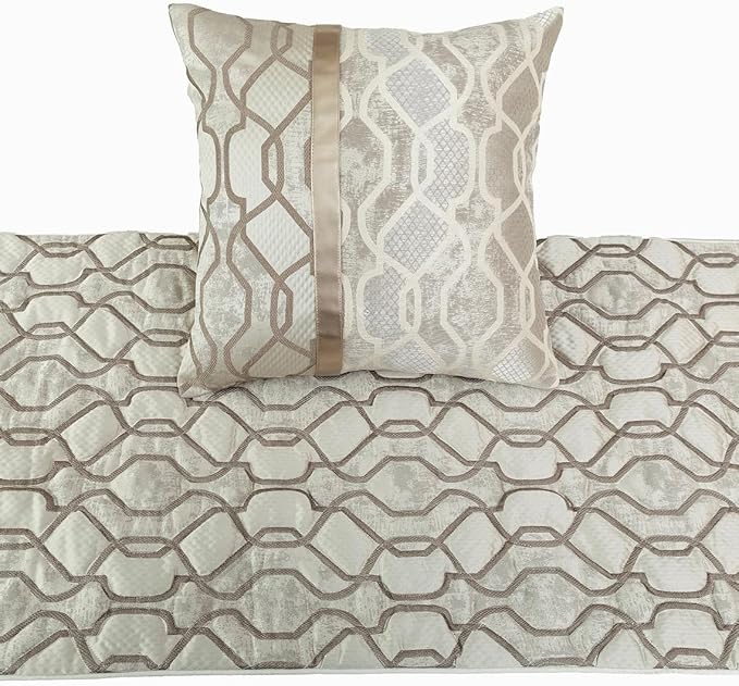 The HomeCentric King/Queen/Twin Ivory & Silver Decorative Full 68"x18" Bed Runner Without Pillow Cover, Lattice & Quilted Bed Scarf on Jacquard Silk Fabric - Ivory Delicacy