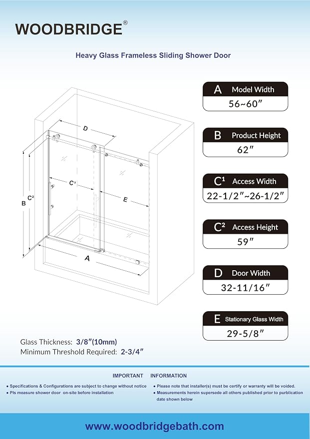 Woodbridge Frameless Bathtub Shower Doors 56-60" Width x 62" Height - Image 6