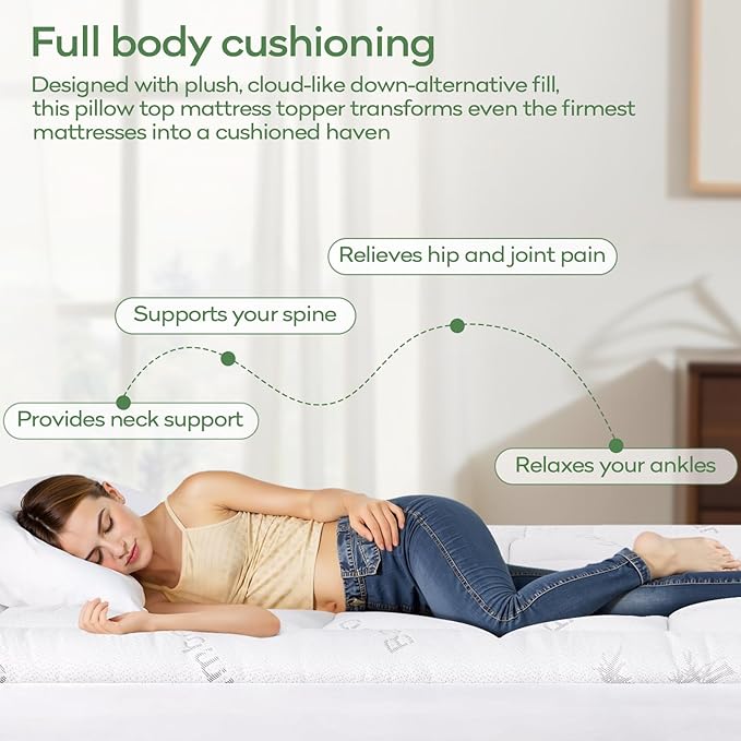 OLANLY Queen Mattress Topper – Viscose Made from Bamboo, Cooling Soft Queen Pillow Top Mattress Pad for Back Pain Relief, Plush Down Alternative Fill Bed Topper with Elastic Deep Pocket, White