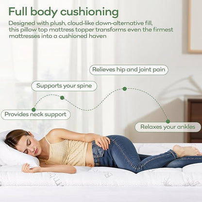 OLANLY Queen Mattress Topper – Viscose Made from Bamboo, Cooling Soft Queen Pillow Top Mattress Pad for Back Pain Relief, Plush Down Alternative Fill Bed Topper with Elastic Deep Pocket, White