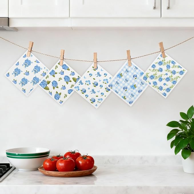 5 Pack Mixed Watercolor Hydrangea Kitchen Dishcloths Dish Towels, Swedish - Image 7