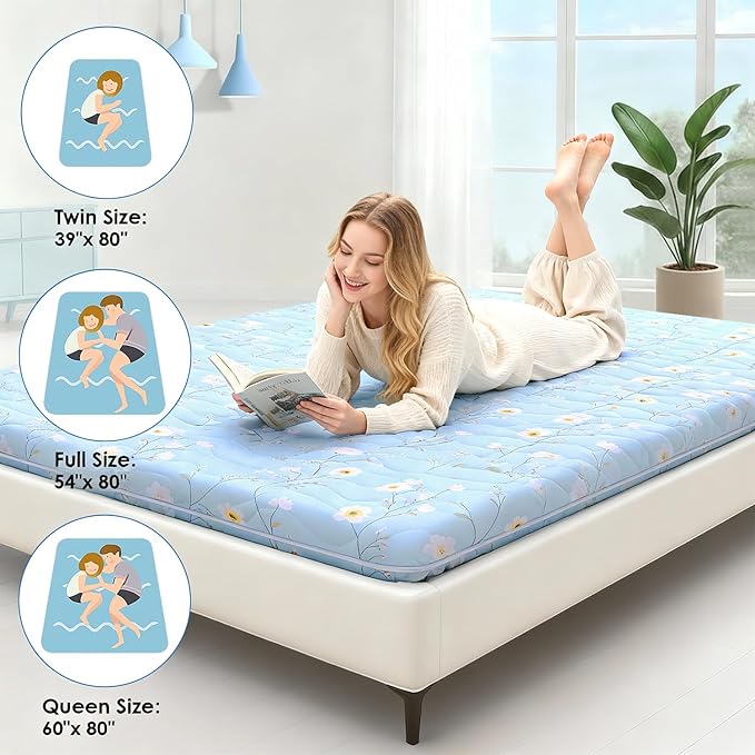 Japanese Floor Mattress, 3.5" Thicken Floral Pattern Portable Futon Mattress, 100% High-Density Foam Tatami Mat Sleeping Pad for Camping Guest Room Dormitory RV, Light Blue, Twin