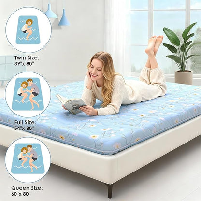 Japanese Floor Mattress, 3.5" Thicken Floral Pattern Portable Futon Mattress, 100% High-Density Foam Tatami Mat Sleeping Pad for Camping Guest Room Dormitory RV, Light Blue, Twin