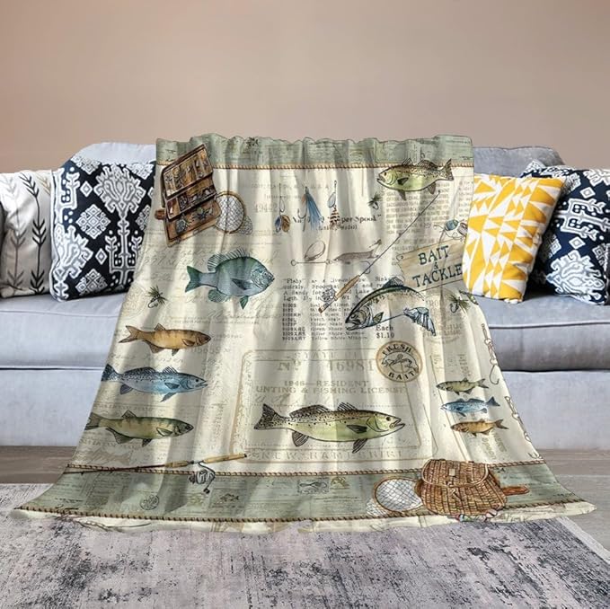 Fishing Blanket Fishing Gifts for Men Fish Throw Blanket Fishing Blanket for Kids Adults Soft Warm Cozy Fleece Blanket for Couch Sofa Bed 50"x60"