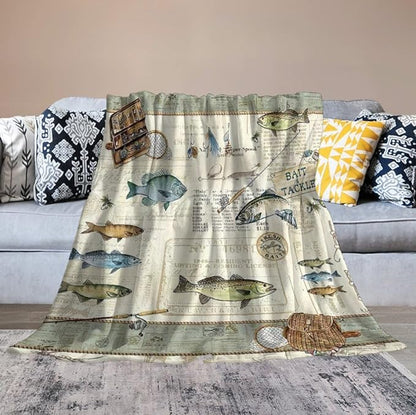 Fishing Blanket Fishing Gifts for Men Fish Throw Blanket Fishing Blanket for Kids Adults Soft Warm Cozy Fleece Blanket for Couch Sofa Bed 50"x60"
