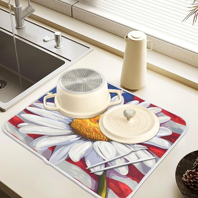 Daisy Flowers and American Flag Dish Drying Mat - Image 5