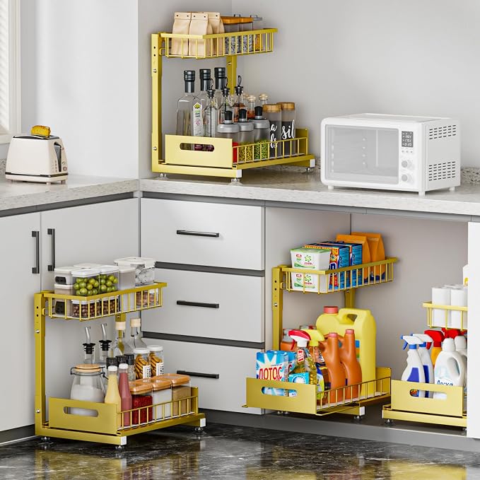 L-Shaped Under Sink Organizer, 2 Pack 2-Tier Pull Out Metal Kitchen Cabinet - Image 3