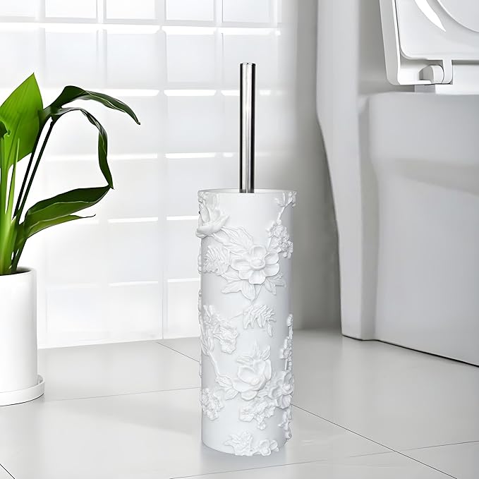 White Floral Branches Design Resin Toilet Bowl Brush and Holder Set, Elegant - Image 3