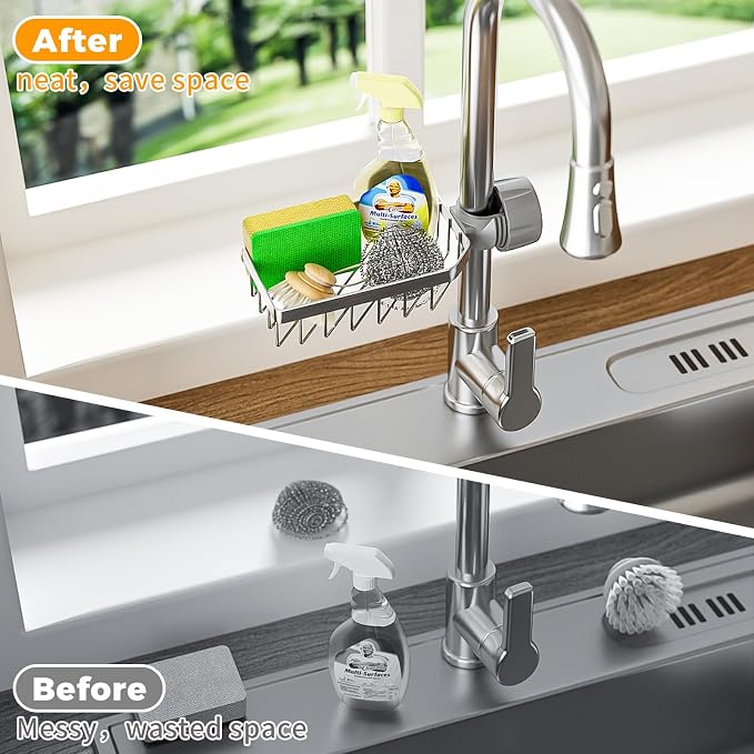 LONIN Sponge Holder Over Faucet Kitchen Sink Caddy Organizer, Stainless Steel - Image 2