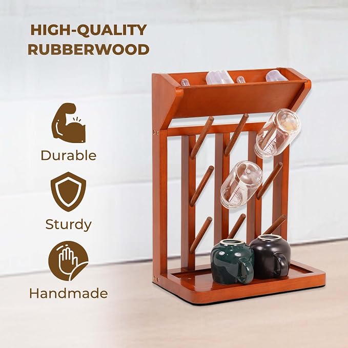 Brown Vertical Bottle Drying Rack Rubber Wood 9 Hooks, Use - Image 4