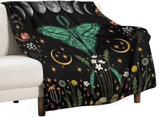 Moon Phase Moth Blanket, Vintage Botanical Mushroom Wildflower Gothic Night Moonlit Mysterious Witchy Throws Blanket for Sofa Bed Couch Chair, 40"x50"