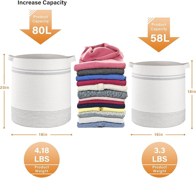OIAHOMY 80L Laundry Basket, Laundry Hamper, Cotton Rope Storage Basket - Image 4
