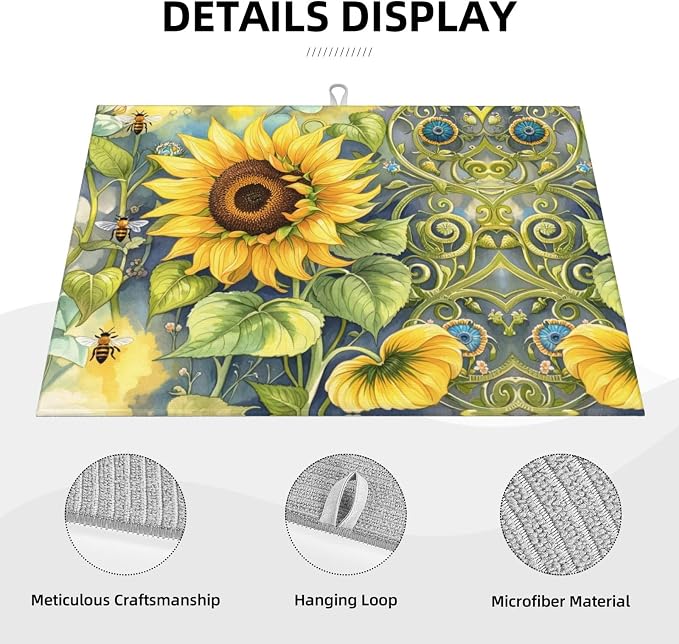 Sunflower Bee Dish Drying Mat Highly Absorbent Double-Sided Microfiber - Image 5
