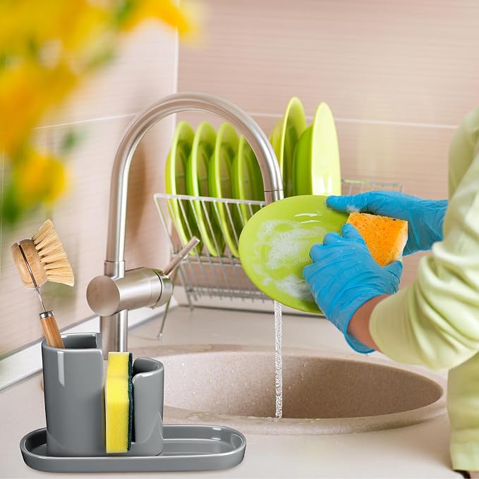 Geelin 3 in 1 Ceramic Kitchen Sink Caddy Dish Sponge Holder Scrub Brush Holder - Image 5