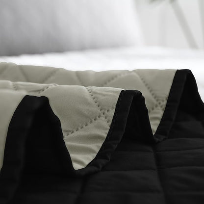 Easy-Going Twin Size Reversible Quilt Set with 1 Quilt and 1 Pillow Shams, Soft Bed Quilt Cover, Water Resistant Lightweight Microfiber Bedspread, Stain Resistant, Black/Beige