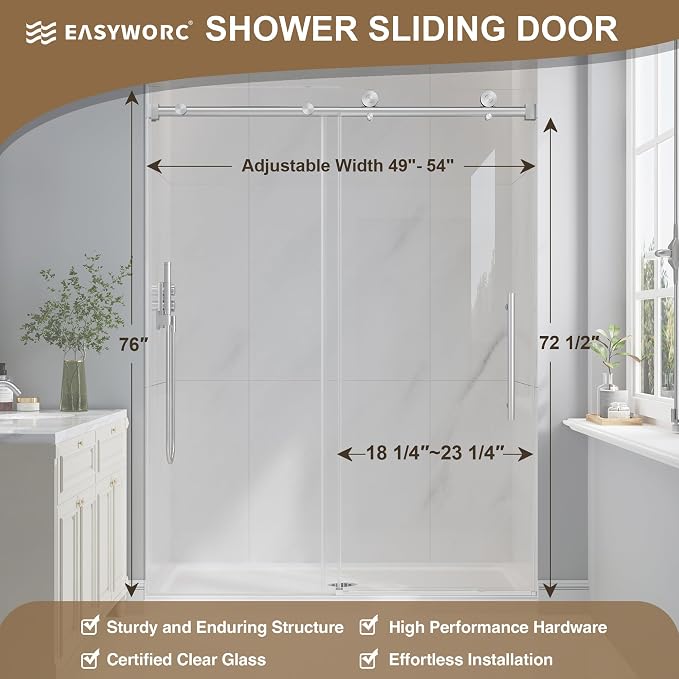 Frameless Glass Shower Door, 49-54" W x 76" H Sliding Frameless Shower Door - Image 5