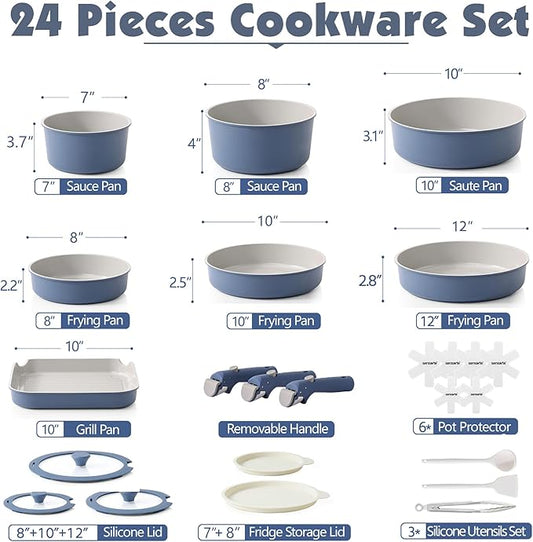 SENSARTE 24 Piece Ceramic Pots and Pans Set, Nonstick Detachable Handle Cookware - Image 2