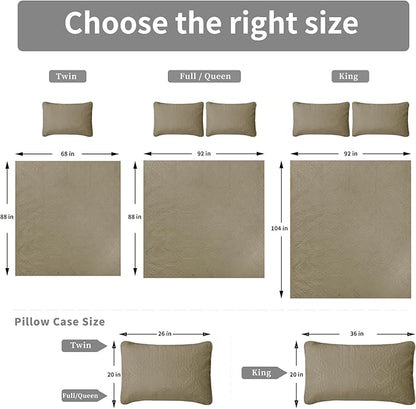 Easy-Going Twin Size Reversible Quilt Set with 1 Quilt and 1 Pillow Sham, Soft Bed Quilt Cover, Water Resistant Lightweight Microfiber Bedspread, Stain Resistant, Olive Leaf-Beige/Beige