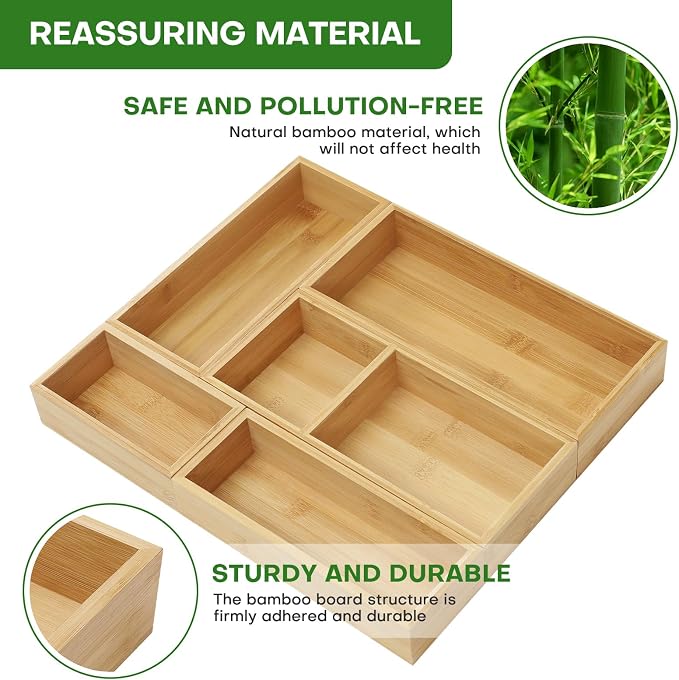 Bamboo Drawer Organizer Set, Junk Drawer Divider and Storage Trays Containers - Image 5