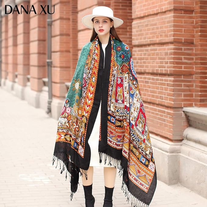 DANA XU 100% Merino Wool Pashmina Shawl for Women 96"x43", Oversized Cashmere Wrap with Tassels, Floral Travel Blanket Cape