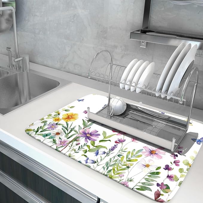 Wildflower Dish Drying Mat for Kitchen 24x18 Inch Colorful Floral Butterfly - Image 2