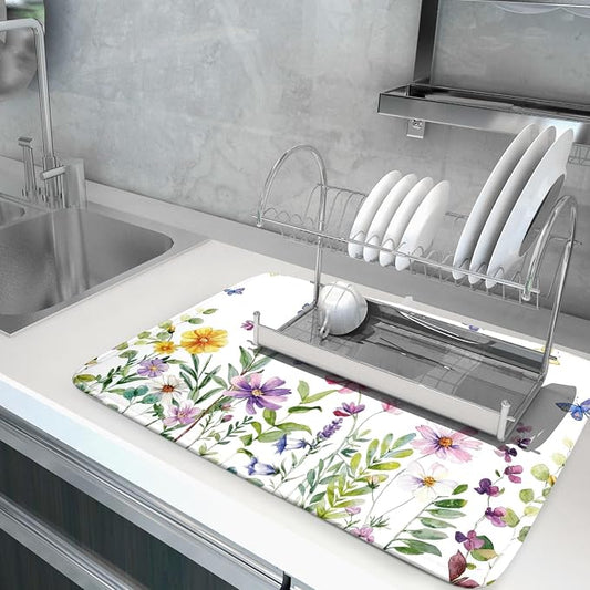 Wildflower Dish Drying Mat for Kitchen 24x18 Inch Colorful Floral Butterfly - Image 2