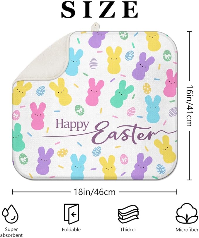 Happy Easter Dish Drying Mat for Kitchen Counter, Cute Bunny Microfiber Drying - Image 2