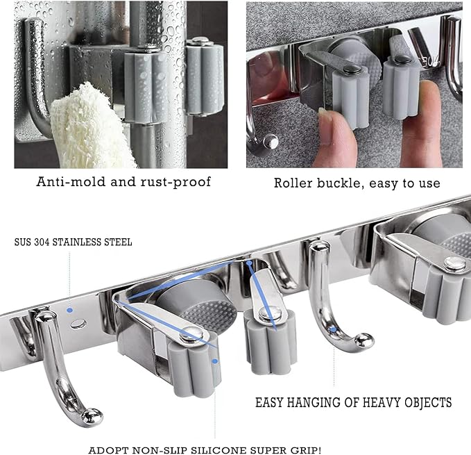 Mop and Broom Holder, 3 Positions 4 Hooks Heavy Duty Hanger Wall Mounted - Image 4