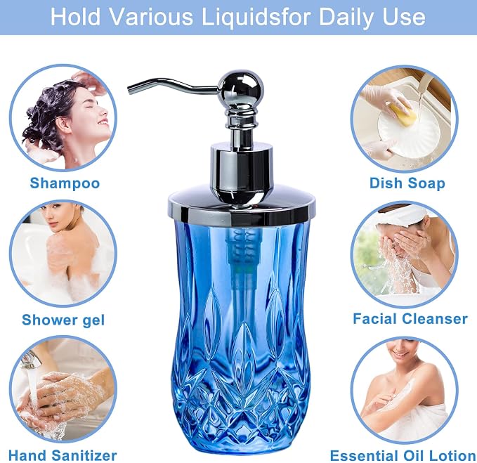 9Oz Diamond Grid Pattern Blue Glass Soap Dispenser - Image 4