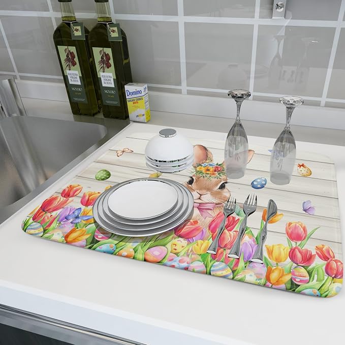 Easter Bunny Dish Drying Mat 18x24 inch Eggs Floral Fast Drying Pad Washable - Image 6