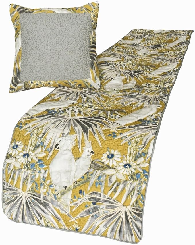 The HomeCentric King/Queen/Twin Grey & Yellow Decorative Twin 53"x18" Bed Runner with 2 Pillow Cover, Cockatoo Bird & Quilted Bed Scarf on Cotton Fabric - Cockatoo Love