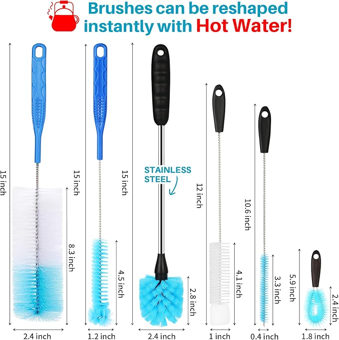 6 Pack Bottle Brush Narrow Neck Cleaning Set, Long Handle Stainless Steel Water - Image 6