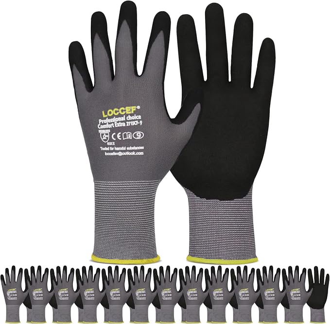 LOCCEF Work Gloves MicroFoam Nitrile Coated-6 Pairs, Seamless Knit Nylon Gloves by LOCCEF