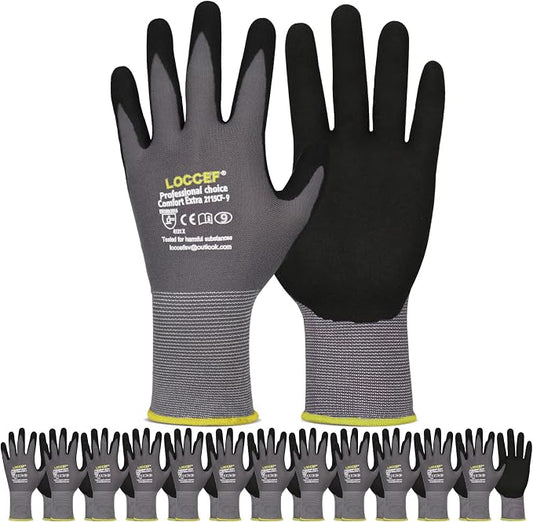 LOCCEF Work Gloves MicroFoam Nitrile Coated-6 Pairs, Seamless Knit Nylon Gloves by LOCCEF