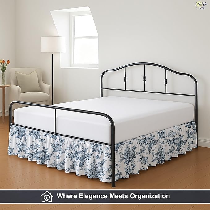Cottington Lane Ruffled Bed Skirt Full Size with Split Corner, Brushed Microfiber Hotel Quality Dust Ruffle, 16 Inch Drop Gathered Bedskirt, Soft, Stylish, Shrink & Fade Resistant, Blue Floral Bliss