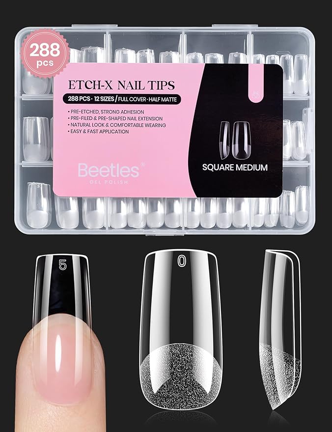 Beetles Gel Nail Tips Etch-X, Square Medium, Pre-Etched Half Matte Soft Acrylic by beetlesGelPolish