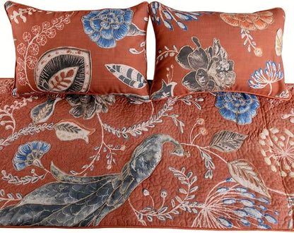 The HomeCentric Orange Bed Runner, King Size 90"x18" Decorative Bed Runner with Matching Pillow Cover, Rust or Orange Linen Bed Scarf in Quilted Peacock, Linen & Jute Embroidery - Peacock Soiree